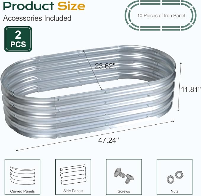 Aoodor Galvanized Raised Garden Bed Kit 2 Pcs, 4 x 2 x 1 Ft Oval Outdoor Metal Planter Box for Vegetables, Flowers & Herbs, Silver