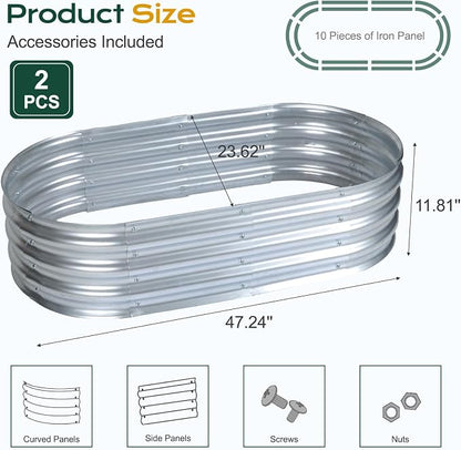 Aoodor Galvanized Raised Garden Bed Kit 2 Pcs, 4 x 2 x 1 Ft Oval Outdoor Metal Planter Box for Vegetables, Flowers & Herbs, Silver