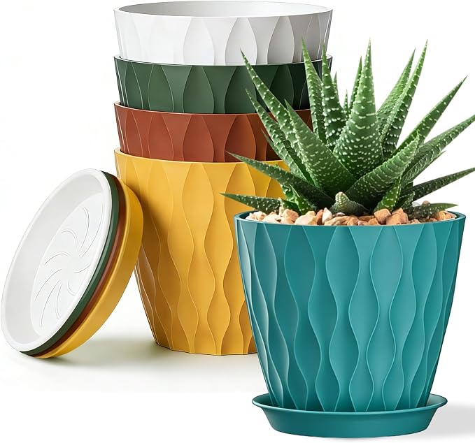 8 Inch Plastic Plant Pots,Set of 5 Flower Pots,Planters with Drainage Holes & Saucers, Indoor Outdoor Garden Pots for Home Decor(Colorful)