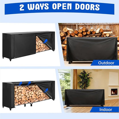 KALINCO 8FT Firewood Rack Cover, Heavy Duty 600D Waterproof Outdoor Firewood Storage Cover with Zipper and Hook Loop Tape (Log Rack not Included)