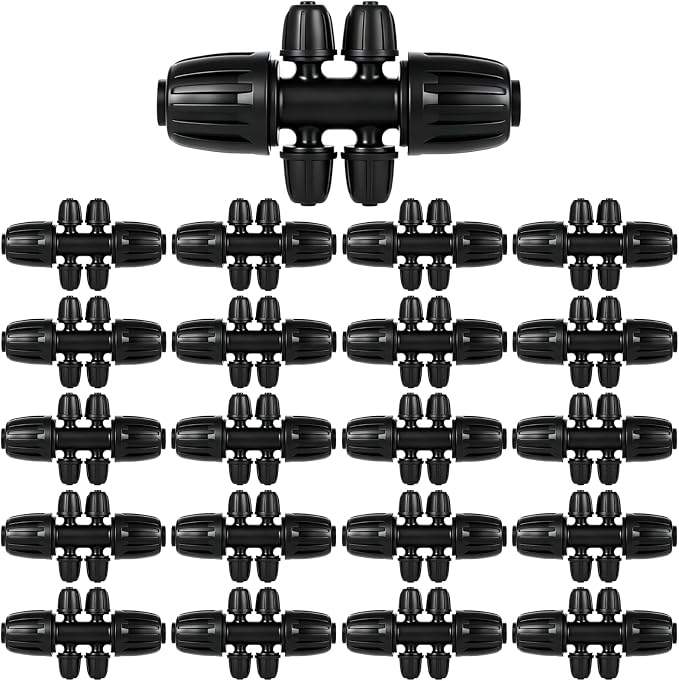 1/2 Inch to 1/4 Inch Tubing Irrigation Fittings for (1/2'' ID x 0.60''-0.63'' OD) 16mm Drip Tubing,Locked Barbed Tee Connectors (20 Pcs Barbed Tee 6-Way)