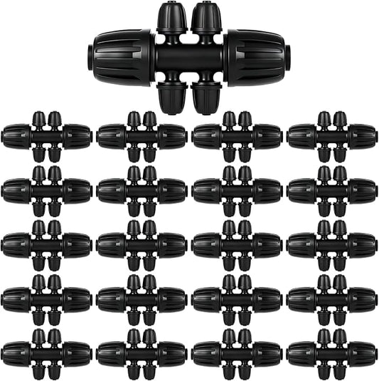 1/2 Inch to 1/4 Inch Tubing Irrigation Fittings for (1/2'' ID x 0.60''-0.63'' OD) 16mm Drip Tubing,Locked Barbed Tee Connectors (20 Pcs Barbed Tee 6-Way)
