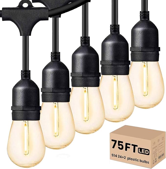 Svater Outdoor Led String Lights 75 FT, Patio Lights for Outside with 26pcs S14 Shatterproof Bulbs, IP65 Waterproof Commercial Grade Market Light, 1 Watt E26 Dimmable 2700K Warm White