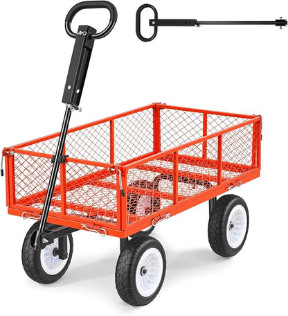 VEVOR 900 LBS Steel Garden Cart, 2 in 1 Handle, Heavy Duty Pullable Garden Wagon with 10" Flat-Free Tires, Outdoor Utility Yard Wagon Cart with Detachable Side Panels, Attach to ATV or Tractor, Red