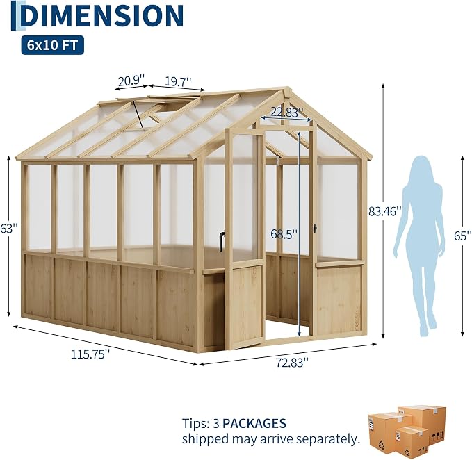 Garvee 6x10 FT Wooden Greenhouse - Walk-in Greenhouses for Outdoors, Large Spruce Frame Green House with PC Panels, Adjustable Roof Vents & Lockable Door, Green Houses for Garden,Backyard,Patio,Lawn