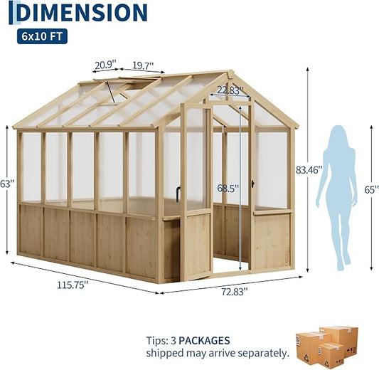 Garvee 6x10 FT Wooden Greenhouse - Walk-in Greenhouses for Outdoors, Large Spruce Frame Green House with PC Panels, Adjustable Roof Vents & Lockable Door, Green Houses for Garden,Backyard,Patio,Lawn