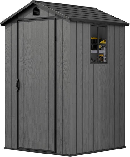 Greesum 4x4FT Plastic Storage Shed with Floor, Resin Outdoor Storaged Sheds with Lockable Door, All Weather Durable Tool Shed with Window and Vent, for Garden, Patio, Yard, Dark Gray