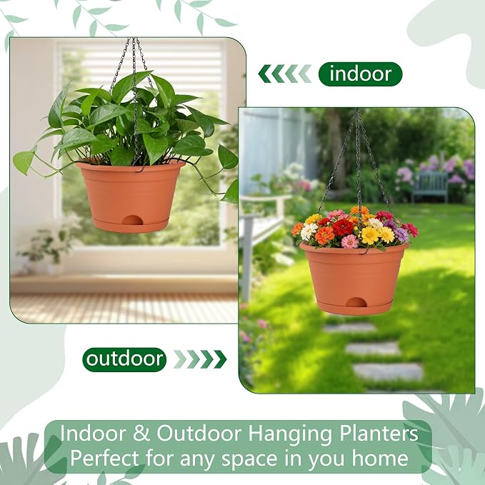 Nooulap 4 Pack Hanging Planters, 10 Inch Hanging Plant Pot, Red | Indoor Outdoor Hanging, with 40cm Chain, Rotatable Removable Tray, Bottom Drainage Available, Two Ways Watering