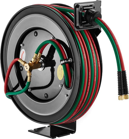 VEVOR Retractable Welding Hose Reel, 1/4 Inch x 100FT Twin Oxygen Acetylene Rubber Hose Max 300PSI - R Grade, Ceiling/Wall Mount Heavy Duty Steel Hose Reel Auto-Rewind, Ideal for Workshops Garages