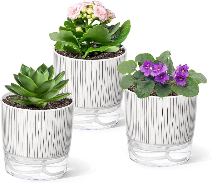 3 Pack Self Watering Pots Set, 4 Inch Self Watering Pots for Indoor Plants, Planter Pot with Wick Rope and Reservoir for African Violet, Spider Plant, Orchid