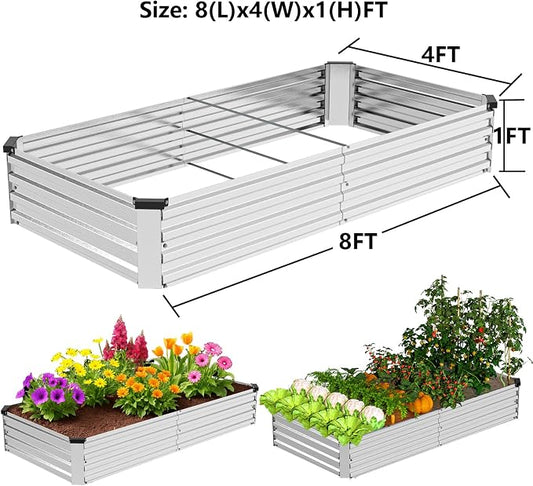 2 Pack 8x4x1FT Galvanized Metal Raised Garden Bed Kit for Vegetables, Herbs, Open-Bottom Large Capacity Outdoor Planter Box Gardening Stakes, Silver