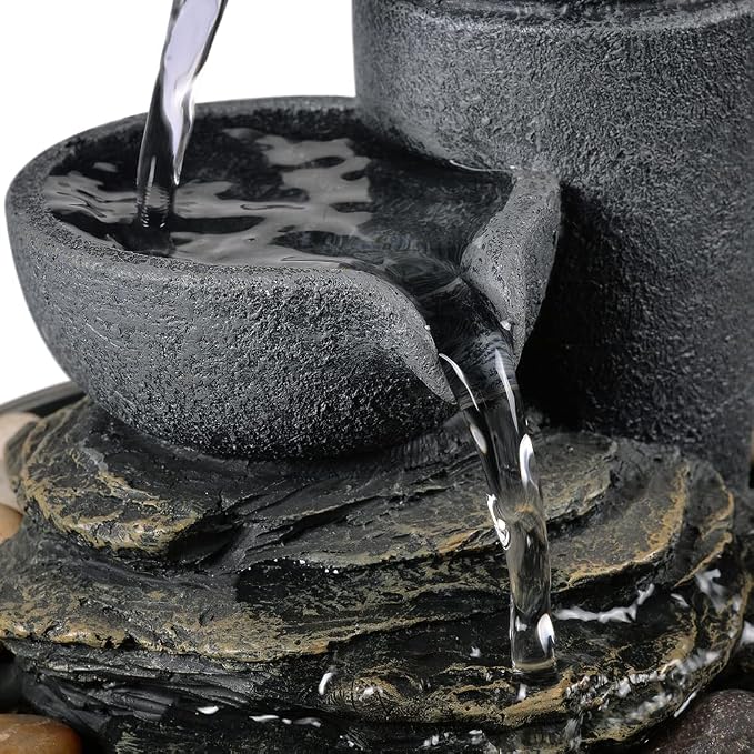 GOSSI Tabletop Water Fountain 2-Tier Indoor Waterfall Fountain with LED Light, Cobblestone & Glass Rolling Ball, Soothing Meditation Sounds for Office & Home Decor