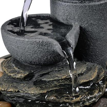 GOSSI Tabletop Water Fountain 2-Tier Indoor Waterfall Fountain with LED Light, Cobblestone & Glass Rolling Ball, Soothing Meditation Sounds for Office & Home Decor