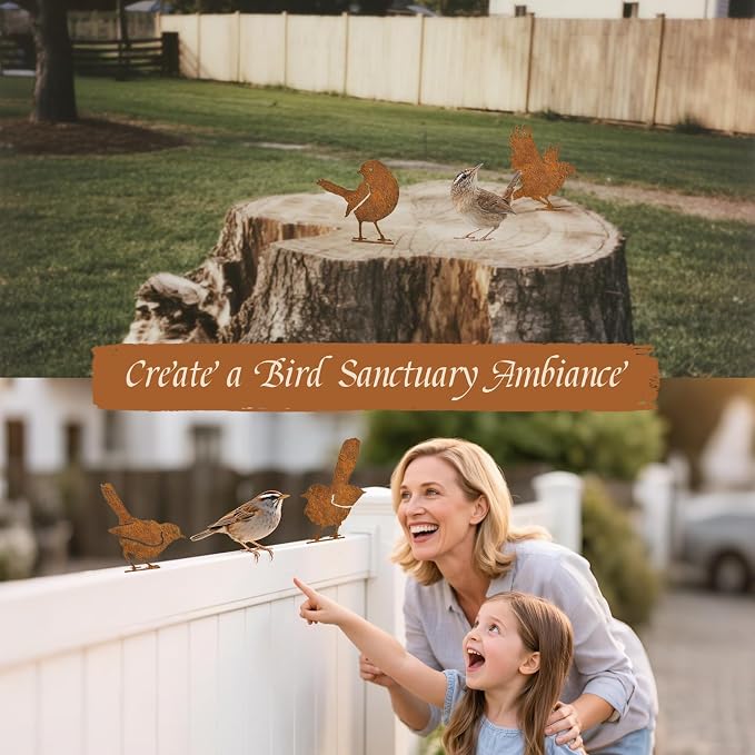 5PCS Rusty Bird Decor, Garden Sculptures and Yard Art, Yard Decorations Outdoor, Metal Bird Wall Decor, Fence Decorations Outdoor, Rustic Garden Decor, Outdoor Statues, Metal Birds Yard Decor