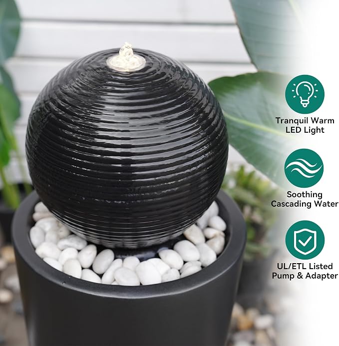 Autodaya 30"H Ceramic Sphere Water Fountain with LED Light for Garden Patio | Modern Minimalist Design, Black Glaze with White Pebbles, Soothing Trickling Water Feature, Artistic Charm, Tranquil Ambiance