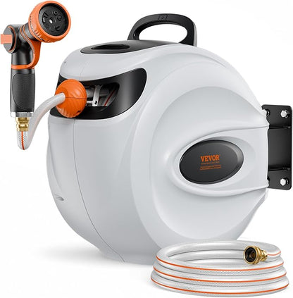 VEVOR Retractable Hose Reel, 100 ft x 1/2 inch, 180° Swivel Bracket Wall-Mounted, Garden Water Hose Reel with 9-Pattern Nozzle, Automatic Rewind, Lock at Any Length, and Slow Return System
