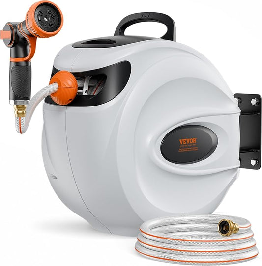 VEVOR Retractable Hose Reel, 100 ft x 1/2 inch, 180° Swivel Bracket Wall-Mounted, Garden Water Hose Reel with 9-Pattern Nozzle, Automatic Rewind, Lock at Any Length, and Slow Return System