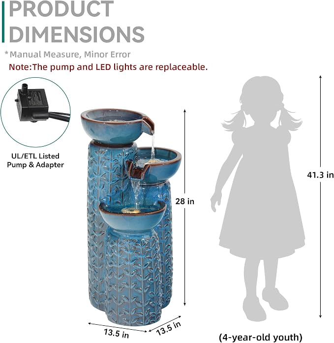 28" H Ceramic Outdoor Water Fountain with LED Lights, 3-Tier Cascading Bowls Water Feature, Tranquil Waterfall for Relaxing Garden, Patio, Yard, or Porch, Turquoise, Embossed Leaf Patterns