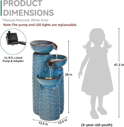 28" H Ceramic Outdoor Water Fountain with LED Lights, 3-Tier Cascading Bowls Water Feature, Tranquil Waterfall for Relaxing Garden, Patio, Yard, or Porch, Turquoise, Embossed Leaf Patterns