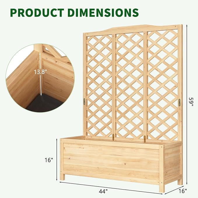 Wooden Raised Garden Bed with Trellis, Freestanding Planter Box with Drainage for Vines Climbing Plants Flowers Herbs, Elevated Gardening Planter for Backyard Balcony Patio