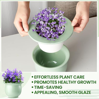 Suclain 2 Pack Ceramic African Violet Pots Self Watering Plant Pot Effortless Self Watering Plant Flower for Busy Lovers, Indoor(Green,6.5 Inch)
