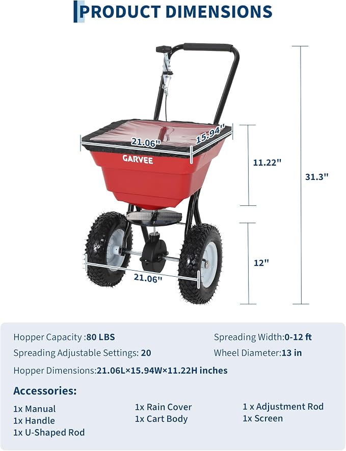80 LBS Push Broadcast Spreader, 12FT Spreading Width, 13in All-Terrain Wheels, Adjustable Flow Control, Heavy Duty Walk Behind Lawn Spreader for Fertilizer, Grass Seed, Ice Melt, Salt