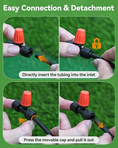 Pawfly 60 Pcs Push-to-Fit Drip Irrigation Spray Emitters with Adjustable 360 Degree Water Flow, Irrigation Drippers with End Plugs, Tee Misting Atomizing Nozzles Micro Sprayers for 1/4 Inch Tubing