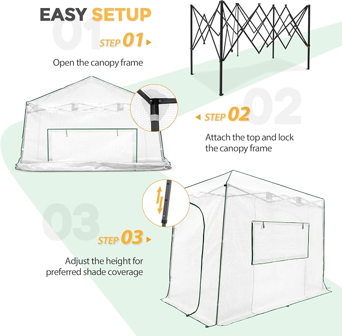 EAGLE PEAK 10x5 Portable Walk in Greenhouse, Pop Up Indoor Outdoor Greenhouse, Green House Kit with Zippered Roll-Up Doors and Windows, Lean-to Design, PE Cover, Clear/White
