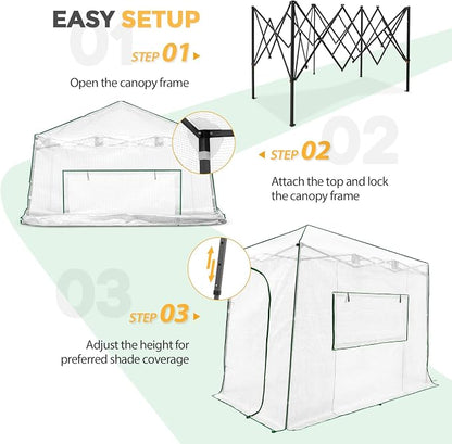 EAGLE PEAK 10x5 Portable Walk in Greenhouse, Pop Up Indoor Outdoor Greenhouse, Green House Kit with Zippered Roll-Up Doors and Windows, Lean-to Design, PE Cover, Clear/White
