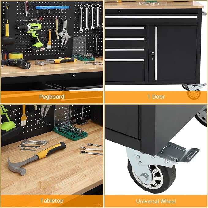 PeakPursuit 61" Rolling Tool Chest with 10 Drawers, Workbench Cabinet with Power Strip, Solid Rubber Wood Top, Pegboard, 1675 LBS Load, Mobile Heavy Duty Garage Storage, Locking Wheels, Black