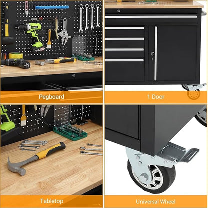PeakPursuit 61" Rolling Tool Chest with 10 Drawers, Workbench Cabinet with Power Strip, Solid Rubber Wood Top, Pegboard, 1675 LBS Load, Mobile Heavy Duty Garage Storage, Locking Wheels, Black