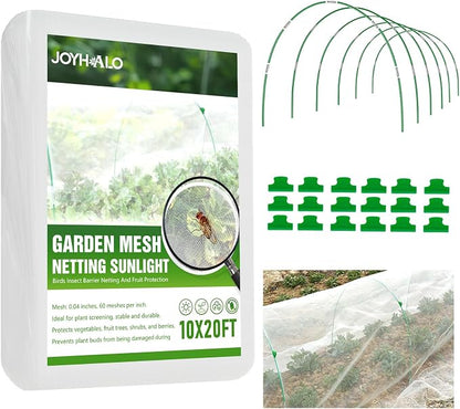 36 Pack Garden Hoops with 10x20 Ft Netting for Raised Beds, 18 Clips | Garden Mesh Netting Kit, 10x20 Ft Net, Bird & Cicada Netting for Trees, Greenhouse & Vegetable Protection, Frost guard