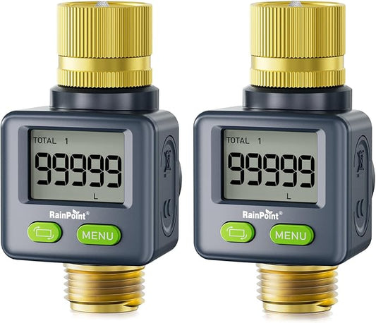 RAINPOINT Water Flow Meter with Brass Inlet & Outlet, 180° Screen-Flip Water Meter, Measure Gallon/Liter Consumption for RV Filling, Garden Watering, Sprinkler and Hoze Nozzle, 2pcs