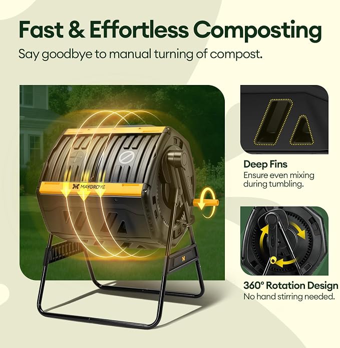 Maygrove Outdoor Compost Bin 53 Gallon, Dual Chamber Large Compost Tumbler for Garden Backyard, with 360° Rotating, Sliding Doors & Solid Steel Frame, Updated Instructions