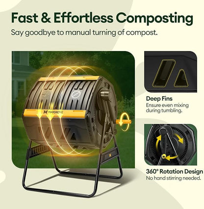 Maygrove Outdoor Compost Bin 53 Gallon, Dual Chamber Large Compost Tumbler for Garden Backyard, with 360° Rotating, Sliding Doors & Solid Steel Frame, Updated Instructions