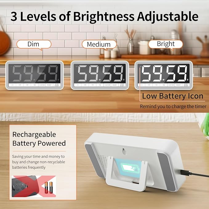 VOCOO Digital Kitchen Timer with 7.8” Extra Large Display, Magnetic, LED with 3 Brightness, 4 Alarms and 3 Volume Levels, Battery Countdown Count Up Timer for Cooking, Classroom, Home Gym (White)