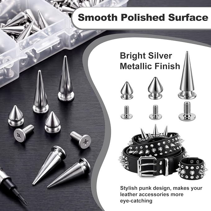 170 Pair Multiple Sizes Cone Spikes Screwback Studs for Clothing Large Medium Small Metal Tree Studs for Punk Rock Style Accessories DIY Leather Crafts Dog Collar(Silver)