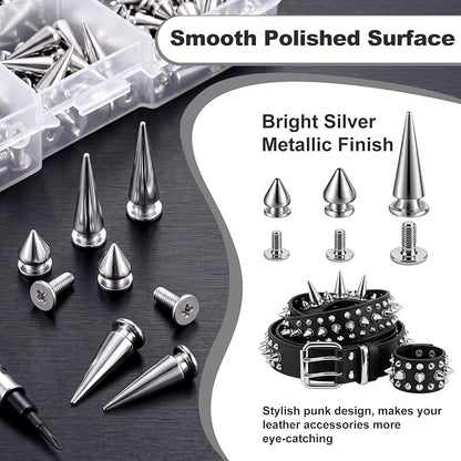 170 Pair Multiple Sizes Cone Spikes Screwback Studs for Clothing Large Medium Small Metal Tree Studs for Punk Rock Style Accessories DIY Leather Crafts Dog Collar(Silver)