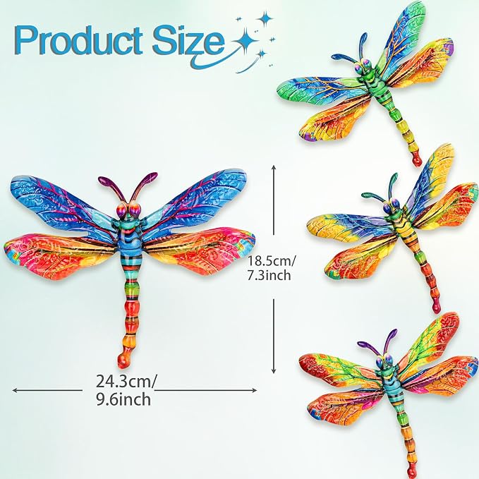 SUNREEK Metal Dragonfly Wall Decor - 9.6" Outdoor Fence Wall Art, Hanging Decorations for Garden Yard Patio Room Decorations, 4 Pack (Color- 4)