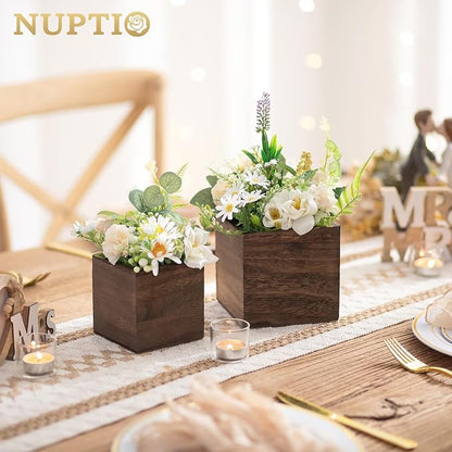 NUPTIO Wooden Box for Centerpiece Wedding: 12 Pcs Rustic Square Planter Box for Christmas Table Fall Decorations - 4×4" & 5×5" Small Wood Vases Flower Pots for Windowsill Home Garden Decor