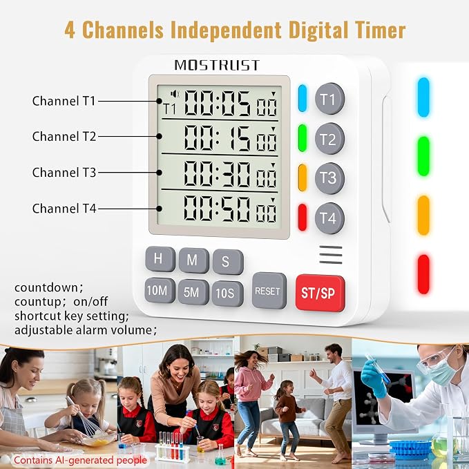 Digital Dual Kitchen Timer, 4 Channels Independent Countdown Timer, Large Display, On/Off, Loud Volume Alarm and Flashing Light with Magnetic Back, Stand, Battery Included (White)