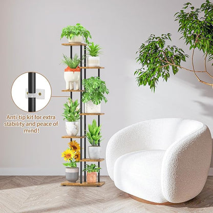 LASZOLA Black 6 Tier Wood Tall Plant Stand Indoor with Grow Lights, Large Heavy Duty Vertical Corner Rack for Multiple Planter, Sturdy Metal Rustic High Flower Shelf Holder Organizer for House Patio
