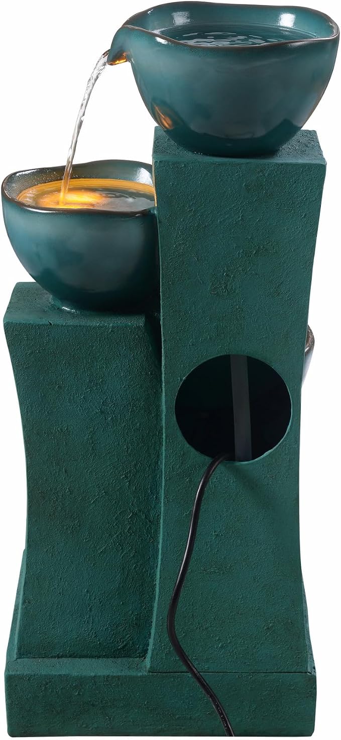 Teamson Home 28.54 in. 3-Tier Cascading Outdoor Water Fountain, Green | LED Lights, For Gardens, For Landscaping, For Patios, For Balconies