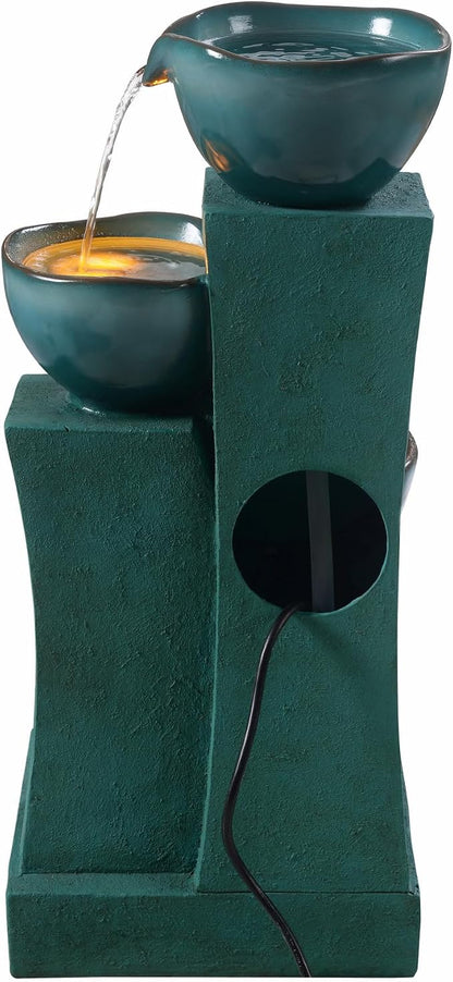 Teamson Home 28.54 in. 3-Tier Cascading Outdoor Water Fountain, Green | LED Lights, For Gardens, For Landscaping, For Patios, For Balconies