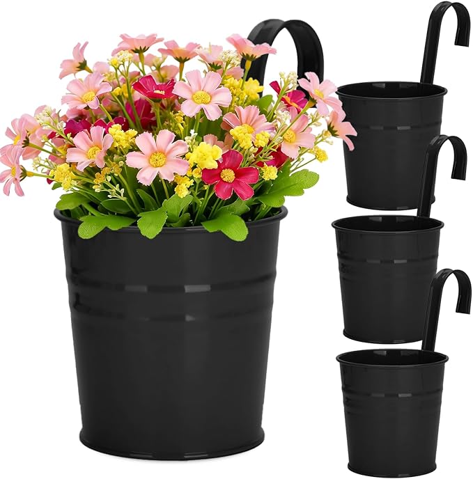 KINGLAKE Flower Pots,10 Pcs Metal Iron Hanging Flower Plant Pot Balcony Garden Plant Planter Baskets Fence Bucket Pots 6.3'' Flower Holders with Detachable Hook Black