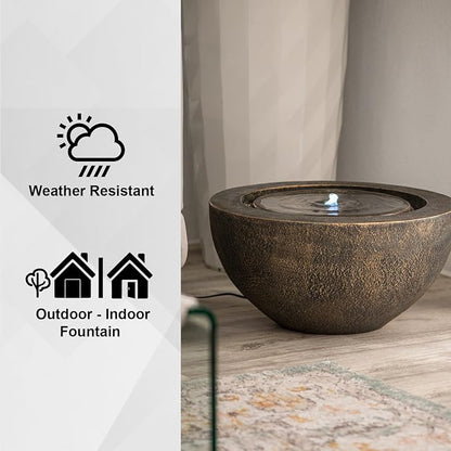 XBrand 9.65" H Round Sphere Water Fountain Indoor/Outdoor with LED Light, Polyresin Bubbler Feature for Patio, Yard, Home Décor - Bronze, Tranquil Serene Garden Accent