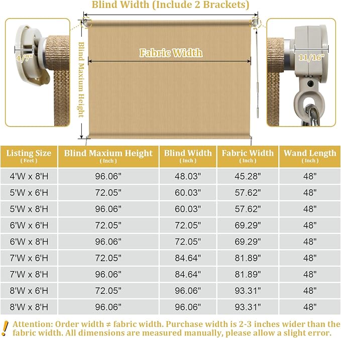 Shade&Beyond Outdoor Roller Shades with Splicing Design, 7' W x 8' H Cordless Patio Roll Up Blinds, Exterior Shade Cloth Roll for Porch, Gazebo, Pergola, Balcony, Wheat