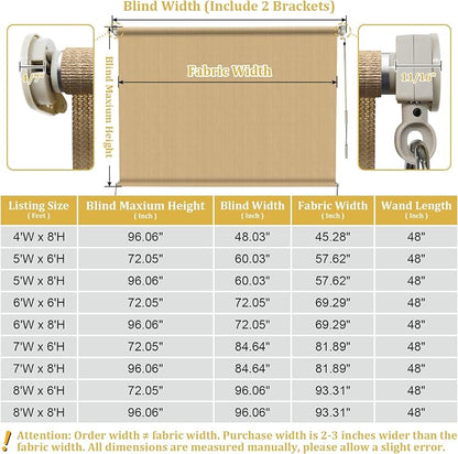 Shade&Beyond Outdoor Roller Shades with Splicing Design, 7' W x 8' H Cordless Patio Roll Up Blinds, Exterior Shade Cloth Roll for Porch, Gazebo, Pergola, Balcony, Wheat
