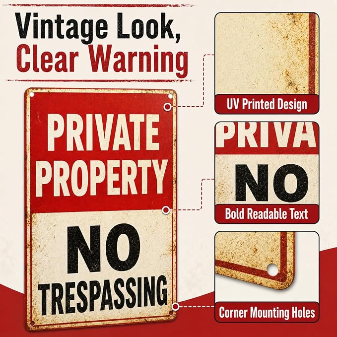Private Property Tin Sign, 12 x 8 Inch No Trespassing Aluminum Metal Wall Decor, Vintage Notice Sign for Gate, Fence, Porch, Driveway, Entryway