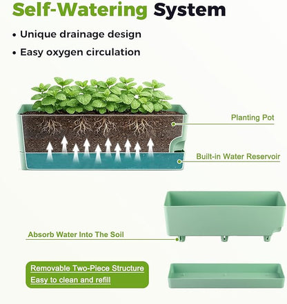 4 Pack Self Watering Pots for Indoor Plants 17 Inches Window Boxes Planters Rectangular Flower Pots Rectangle Herb Pots Large Plant Pots with Drainage Holes and Saucers Windowsill Planter, Green